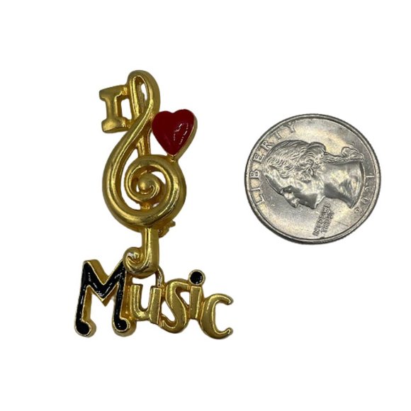 Vintage Gold Tone Treble Clef I Love Music Enamel Red Heart Brooch - Picture 5 of 5